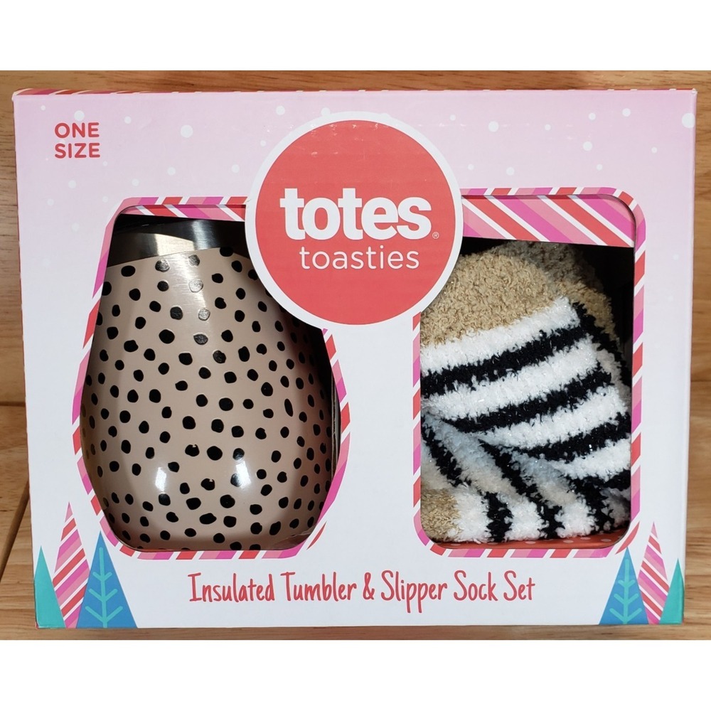 New Totes Toasties Insulated Tumbler & Slipper Sock Gift Set Polka Dot &‎ Stripe